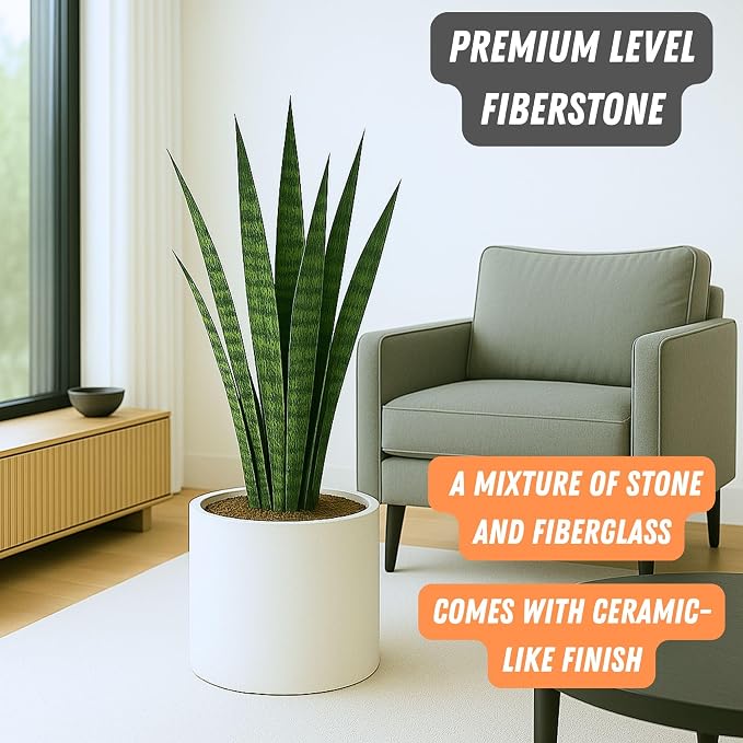 Fox & Fern Large Indoor Planter, Modern Large Plant Pot for Indoor or Outdoor, UV and Frost Resistant - 14.6 Inch, Fiberstone, Matte White Flower Pot with Drainage Plug, Lightweight