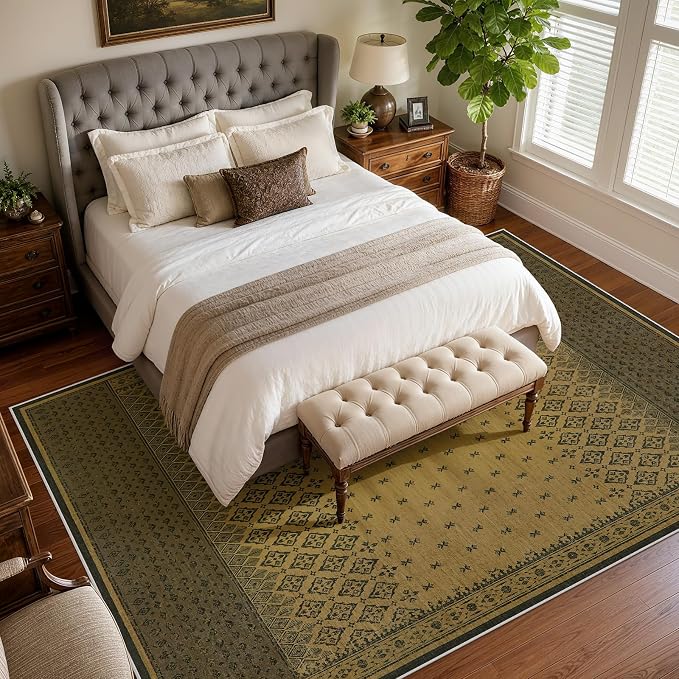 Joydeco Vintage Living Room Rugs 5x7, Washable Area Rugs for Bedroom | Non Slip Low Pile Soft Thin Stain Resistant Boho Geometric Indoor Floor Carpet for Entryway Dining Room Home Office Brown