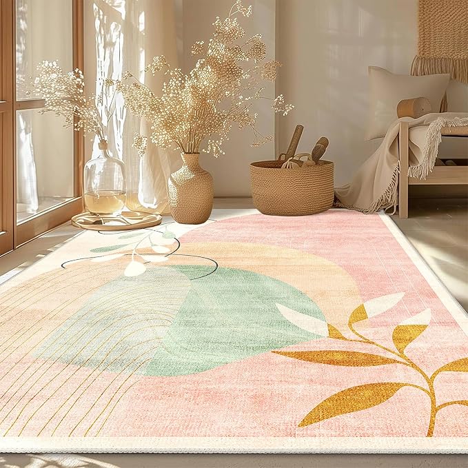 5x7 Area Rugs Washable Low Pile Non Slip Mid Century Modern Large | Machine Washable Throw Carpet for Living Room Bedroom Office Dining Room Indoor Boho Abstract Retro Geometric Pink