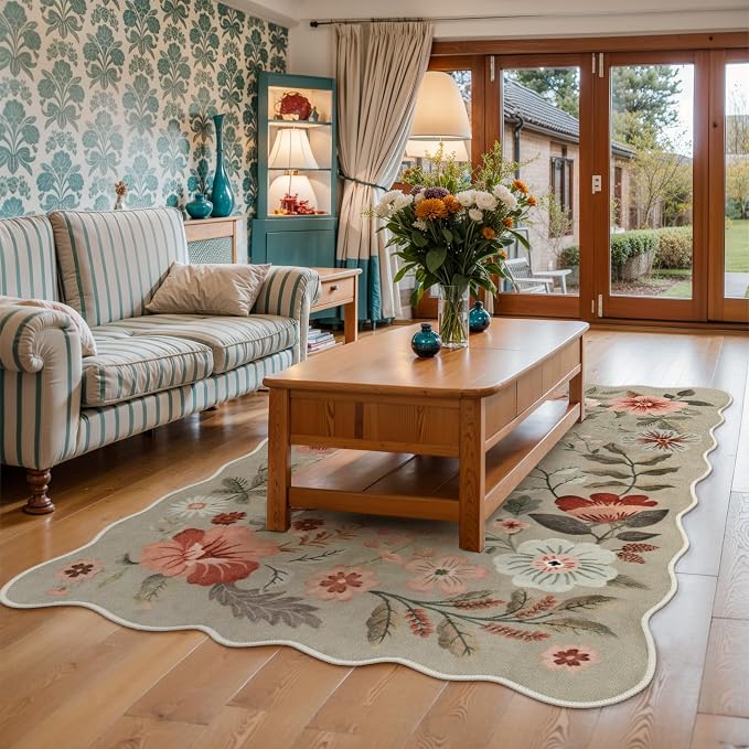 Lahome Floral Washable Rugs for Bedroom, 4X6 Area Rug Soft Living Room Rug | Ultra-Thin Non-Slip Classroom Stain Resistant Lightweight Boho Low-Pile Throw Carpet for Office Flore, Brown