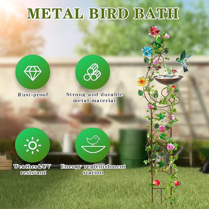 YADOOLIFE 57” Bird Bath with Garden Trellis for Climbing Plants Outdoor, Small Decorative Trellises Metal Birdbath Bird Baths, 1 Piece (Hummingbird)