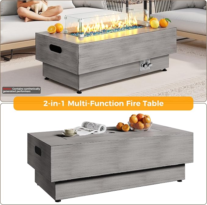 IRONCK 43-inch Outdoor Propane Fire Pit Table w Tank Table, CSA Certified, 2 in 1 Rectangular Patio Fire Pit w Glass Rocks, Wind Guard and Cover, 50000 BTU Outside Heater for Pool, Vintage Gray
