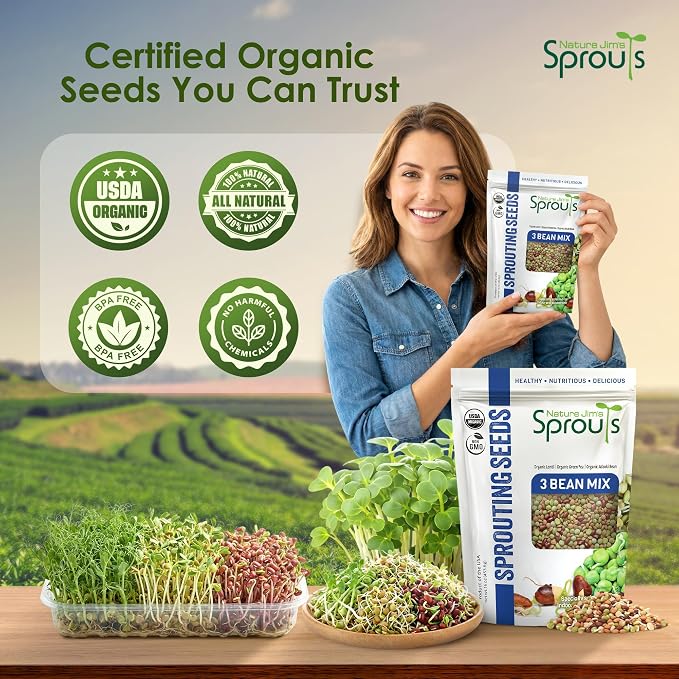 Nature Jim's Sprouts 3-Bean Seed Mix - Organic Green Peas, Lentils & Adzuki Beans for Planting - Non-GMO Microgreen Sprout Seeds, Fast Sprouting, High in Fiber, Protein, Nutrients & Vitamins - 16 Oz