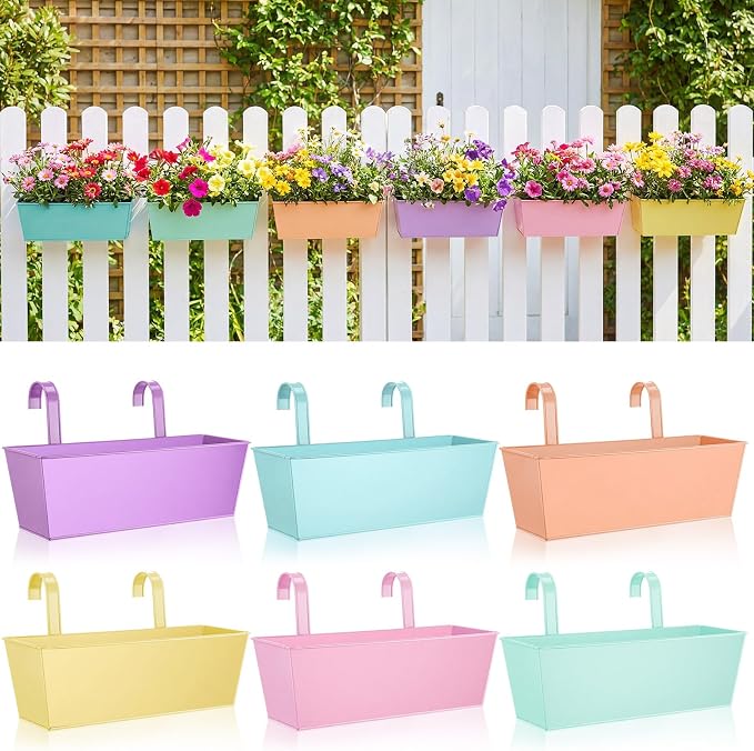 6 Pack Hanging Flower Pot Colorful Metal Iron Bucket Fence Hanging Planters with Detachable Hook Bucket Flower Holder for Railing Balcony Garden Yard Spring Decor (16.1 x 5.1 x 5.1 in,Square)
