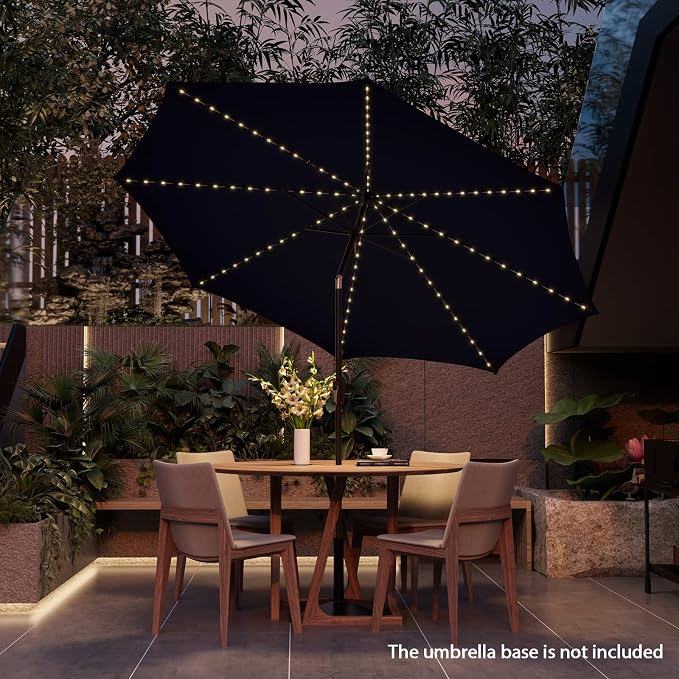 HAPPYGRILL 10 FT Solar Patio Umbrella with 112 LED Light, Outdoor Umbrella with Tilt Adjustment, Crank System, 8 Metal Ribs & Vented Top, Deck Table Market Umbrella for Garden Pool Deck Yard