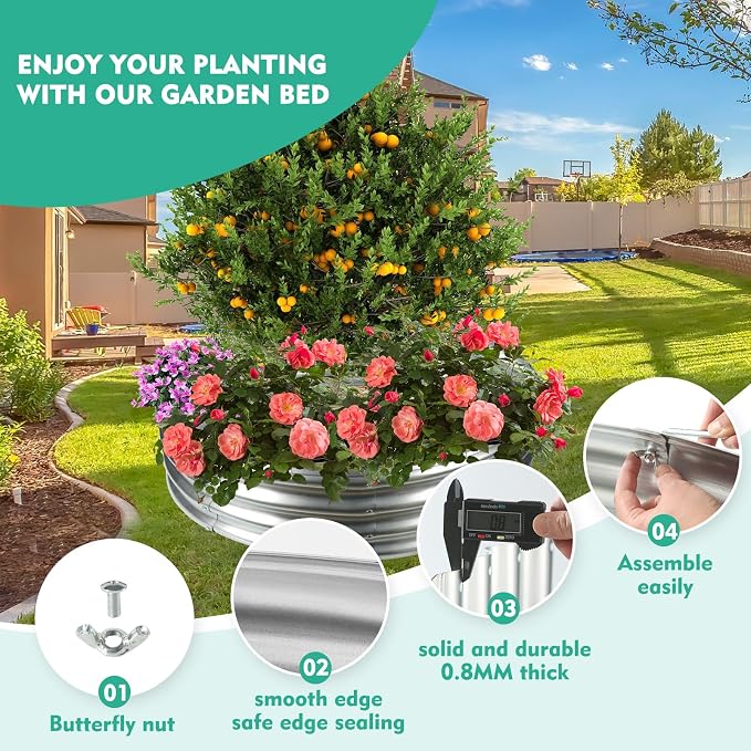 YSEJOMP 3FT Diameter Galvanized Garden Raised Bed/Plant Box/Fire Pit Ring-0.8mm Thick,12 Inch Tall,Crimped Edge and Corner,No Sharpe,Perfect for Plantings (Silver, 36 Dia X 11.5 inches)