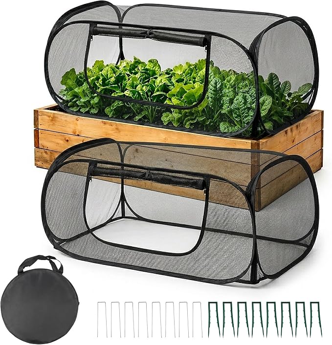 2Pack Raised Garden Bed Covers, Pop-Up Mesh Plant Shade Cover, 30% Sunblock Plant Shade Tent, Foldable Garden Netting Crop Cage for Vegetables Against Birds, Insects, 16 Stakes, Black-45"X22"X17.7"