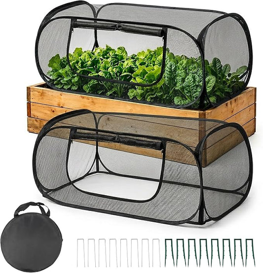 2Pack Raised Garden Bed Covers, Pop-Up Mesh Plant Shade Cover, 30% Sunblock Plant Shade Tent, Foldable Garden Netting Crop Cage for Vegetables Against Birds, Insects, 16 Stakes, Black-45"X22"X17.7"