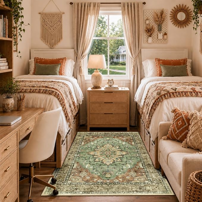 RELEANY Washable Area Rug, 4'x6', Brick/Brown/Green | Non-Slip, Water Repellent, Pet Friendly, Easy to Clean, Vintage Floral Boho Decor for Living Room Bedroom Kitchen Office