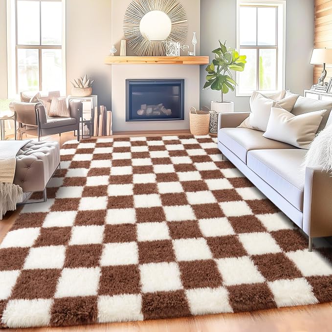 Checkered Rug for Living Room 6x9, Ultra Fluffy Fuzzy Shag Large Area Rug for Bedroom, Modern Plush Soft Upgrade Non-Slip Carpet for Kids Girls and Boys Room Dorm Home Decor, Cream and Coffee