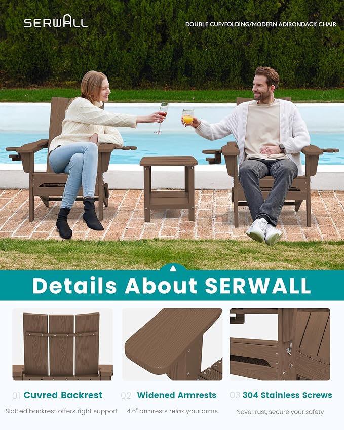 SERWALL Modern Adirondack Chair Set of 2, Folding Adirondack Chair with Cup Holders, Outdoor HDPE Fire Pit Chairs for All Weather Use, Brown