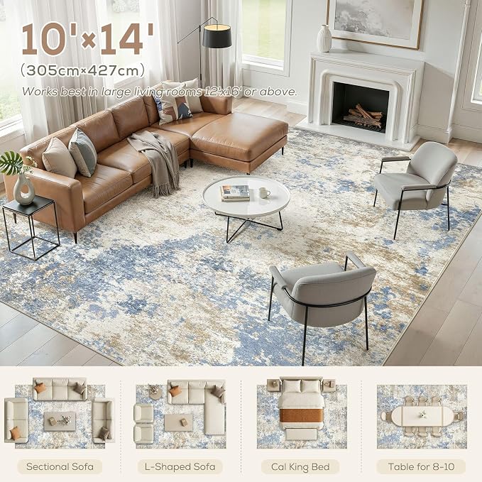 Nakagishi 10X14 Abstract Washable Area Rugs for Living Room-Blue Brown | Modern Non-Slip Silicone Backing Low Pile Soft Carpet for Bedroom Dining Decor for Families with Kids and Pets