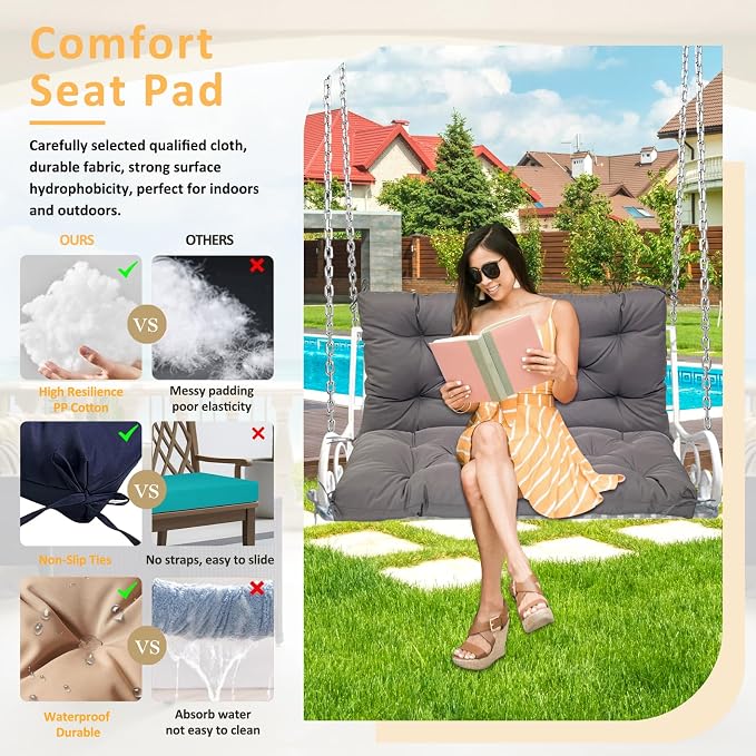 Swing Replacement Cushions for Outdoor: 2-3 Seater Waterproof Porch Bench Cushion with Backrest and Ties - 4" Thick Swing Cushion for Garden Patio Backyard Loveseat