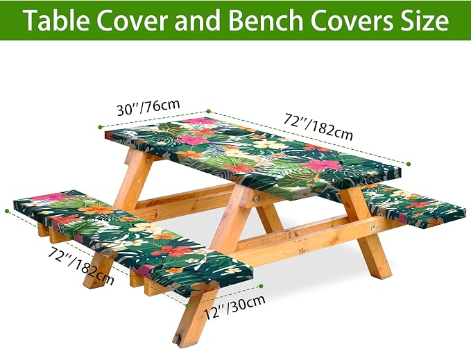 Picnic Table Cover with Bench Covers Camping Essentials Tropical Palm Leaves Outdoor Table Covers with Elastic Waterproof Fitted Tablecloth for RV Picnic Travel