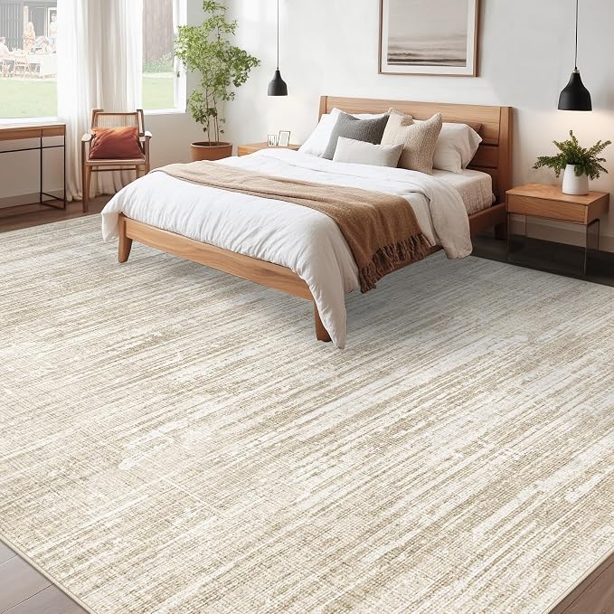 Living Room Rugs 9x12: Washable Moroccan Geometric Boho Rug Farmhouse Non Slip Stain Resistant Large Rug Low Pile Soft Carpet for Bedroom Dining Room Children Room (Camel,9'x12')