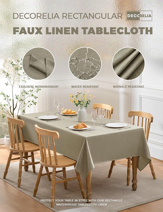 Decorelia Table Cloth for Rectangle Dining Table, Faux Linen Waterproof Texture Farmhouse Washable Rectangular Tablecloth Cover for Birthday, Party, Picnics, Wedding Decor(Natural, 52 x70 Inch)