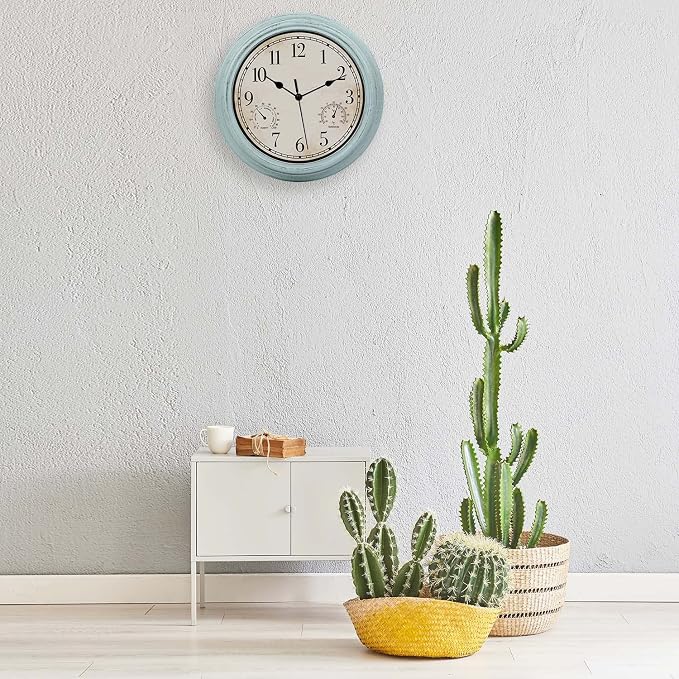 12 Inch Indoor Outdoor Retro Waterproof Wall Clock with Thermometer and Hygrometer, Battery Operated Quartz Round Wall Clock Silent Non Ticking Home Decor,Blue