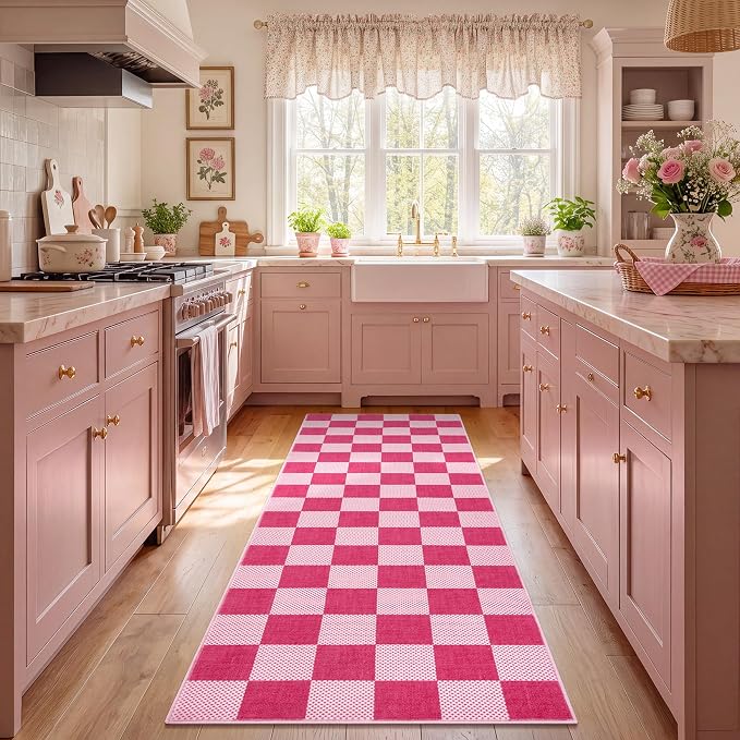 GarveeHome Checkered Hot Pink 2x6 Washable Low-Pile Kitchen Runner Rug | Small Hot Pink Soft Stain Resistant Hallway Entryway Bedroom Bathroom Non-Slip Geometric Modern Rug TPE Backing