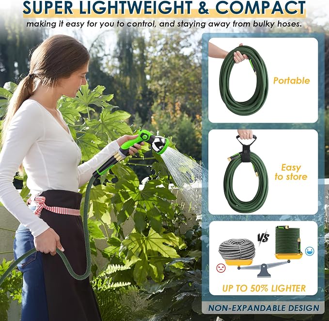 Non-Expandable Garden Hose 25 FT, Lightweight Hose with 10 Function Spray Nozzle, Kink-Free Flexible Water Hose, Durable, Leak-Proof, 360° Swivel Connectors, Portable Storage Strap