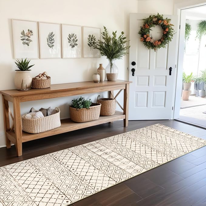 2'6"x8' Washable Hallway Runner Rug: Moroccan Kitchen Non Slip Rug Beige | Low Pile Geometric Floor Carpet with Rubber Backing Vintage Indoor Mats for Living Room Bedroom Laundry
