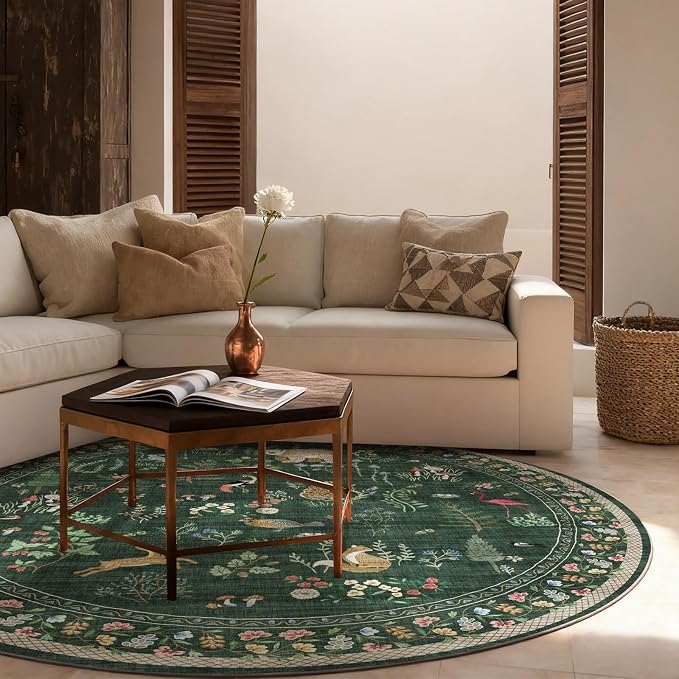 Washable Round Rugs for Bedroom 4ft: Living Room Rug Stain Resistant Non Slip Low Pile Ultra Soft Faux Wool Small Circle Rugs for Kitchen Entryway Nursery Bathroom Entrance Dorm Home Office Indoor