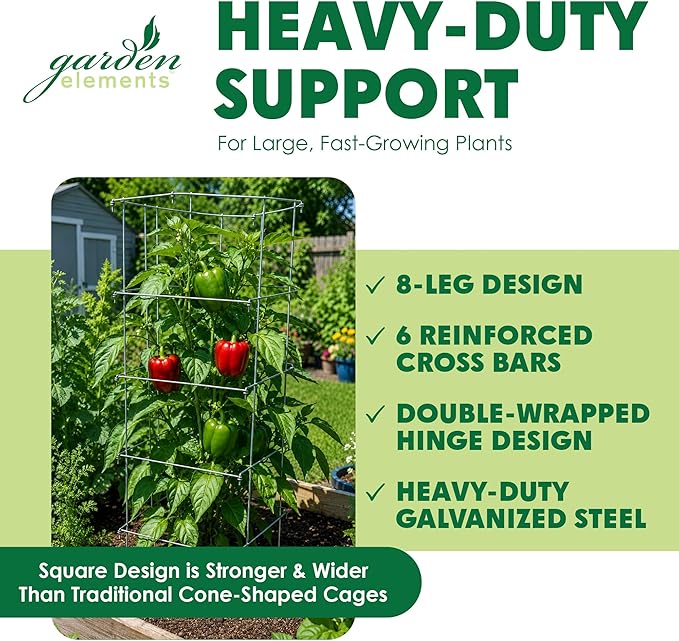 Garden Elements Square Tomato Cage, 40 Inch (Pack of 3) – Heavy Duty Galvanized Steel Plant Support, Collapsible Garden Trellis with 8-Leg Stability for Climbing Vegetables & Vines