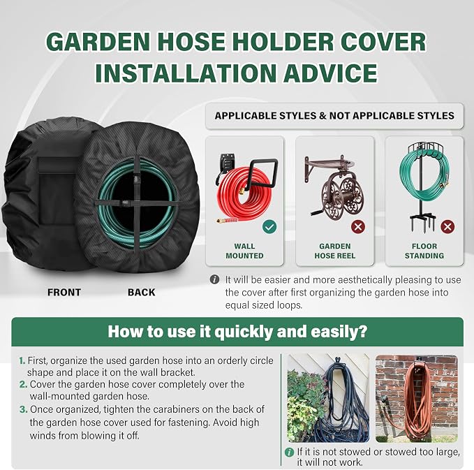 Wall-Mounted Hose Holder Cover , Extends Hose & Hose Hook Lifespan,Weatherproof Protection Against Rain, Sun & Snow(Black Cover Only)