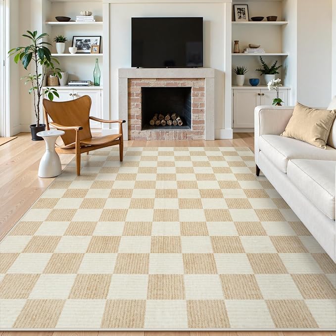 LIVEBOX 8x10 Area Rugs for Living Room, Checkered Non-Slip Washable Rugs, Farmhouse Neutral Classic Geometric Pattern Large Boys Area Rug for Bedroom, Carpet for Dining Room Office(Ivory,8'x10')