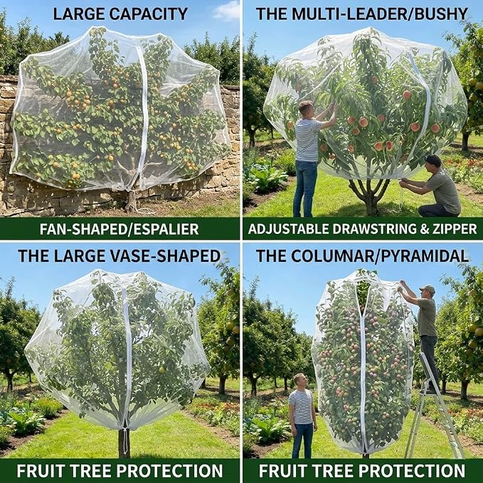 1 Pack 13.2×13.2Ft Extra Large Drawstring & Zipper Fruit Tree Netting Cover - Reusable Bird Netting for Blueberry Bushes, Anti-Cicada/Deer/Squirrel Large Plant Protection Net