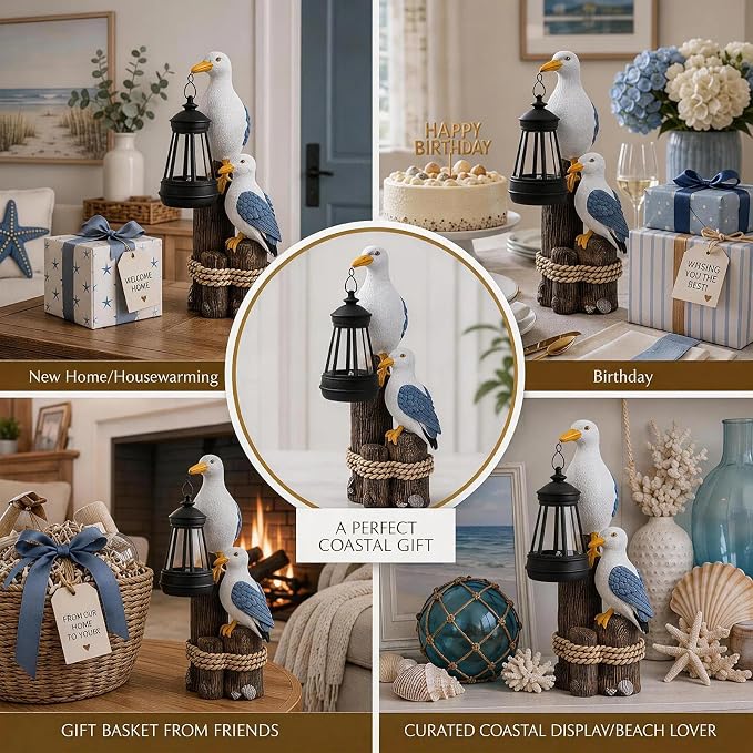 Seagull Solar Garden Outdoor Decor Statues with LED Lantern, Hand Painted Resin Animal Figurine Lights for Beach Pool Coastal Patio Lawn Yard Pathway, Unique Nautical Gifts For Women Mom Grandma