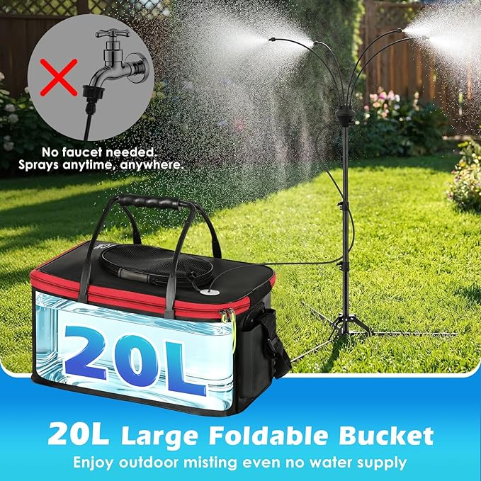 Roylvan Portable Misters for Outside Patio, Outdoor Water Cooling Misting Systems with 6000mAh Water Pump, 20L Bucket, Height Adjustable Standing Mister with 4 Nozzles for Backyard Garden Pool Patio