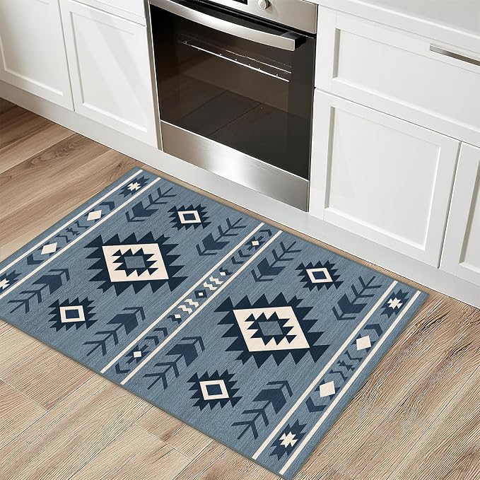 Western Area Rug 4x6 for Living Room, Southwestern Aztec Tribal Area Rugs Southwest Navajo Machine Washable Rug Non-Slip Printed Low-Pile Floor Carpet for Bedroom Dining Room Office, Blue