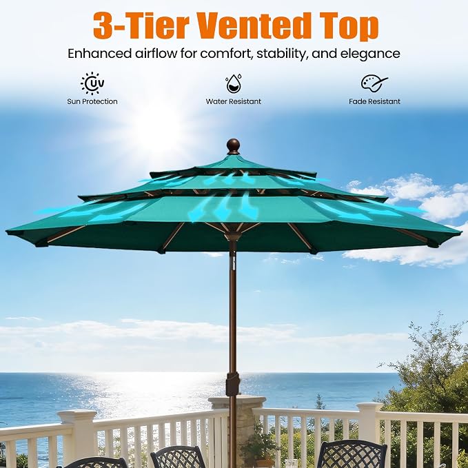 EliteShade USA 10-Year-Non-Fading 10ft 3-Tier Market Patio Umbrella, Commercial Grade Outdoor Table Umbrella with Crank Open, Windproof & UPF 50+ UV Protection, Heavy Duty Ventilation for Garden, Deck, Pool, Backyard, Beach & Bistro, Teal