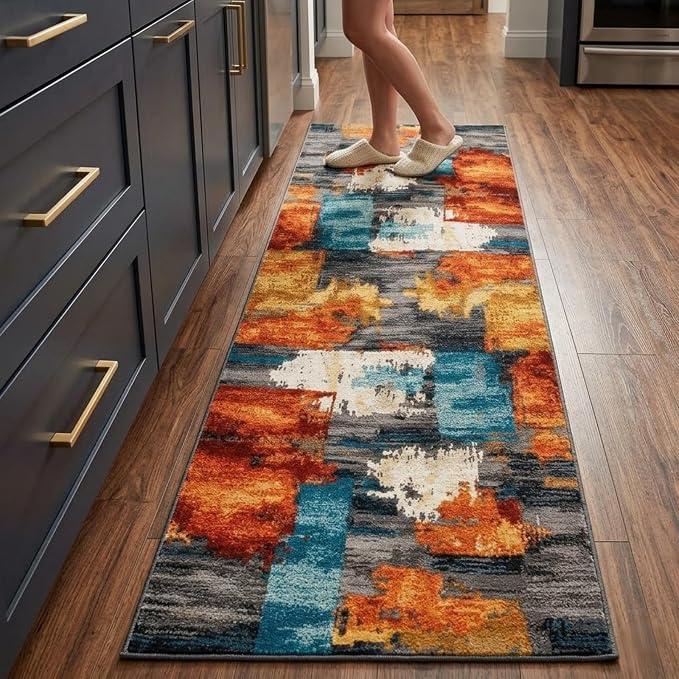 2x6 Burnt Orange and Teal Abstract Brushstroke Area Rug | Soft Low-Pile Machine-Washable Rug with Non-Slip Backing for Dining Rooms, Entryways and Reading Areas for Easy Everyday Care