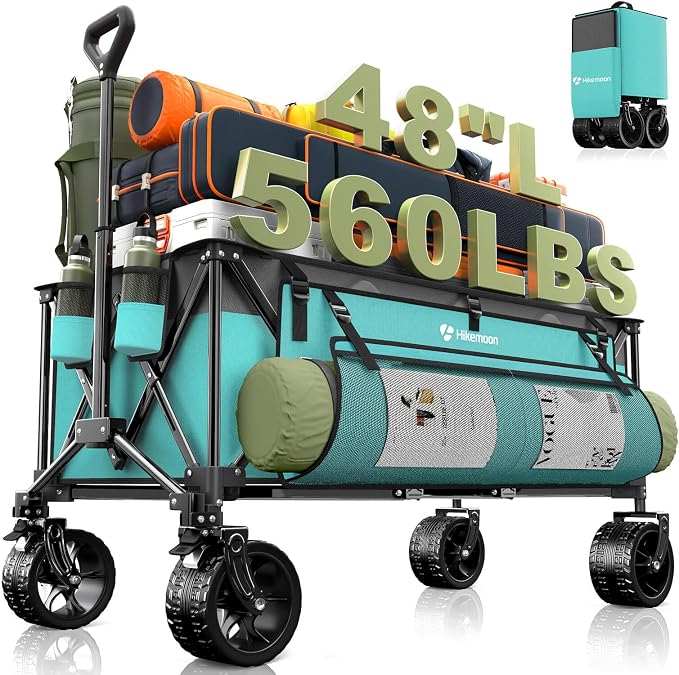 Hikemoon 300L Extra Large Wagons Carts Foldable, 560LBS Heavy Duty Collapsible Beach Wagon 48" Long with Big All-Terrain Wheels, Utility Folding Cart for Camping, Sports, Garden, Turquoise