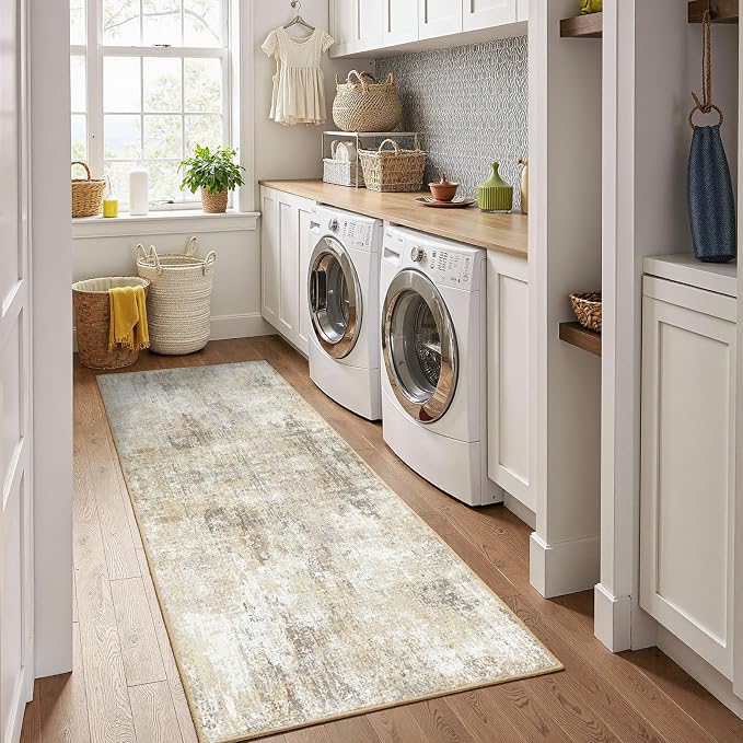 RELEANY Washable Runner 2'x6' Abstract Area Rug for Hallway Neutral Brown | Carpet for Kitchen, Entryway, Bathroom, Living Room, Bedroom, Printed Pattern, Non‑Slip, Soft, Stain‑Resistant, Easy to Clean