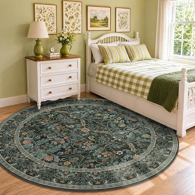 8ft Round Rug for Living Room, Dark Green Vintage Botanical Floral Large Circle Dining Room Area Rug, Washable Non-Slip Traditional Floor Carpet for Dining Room Under Table, High Traffic Area