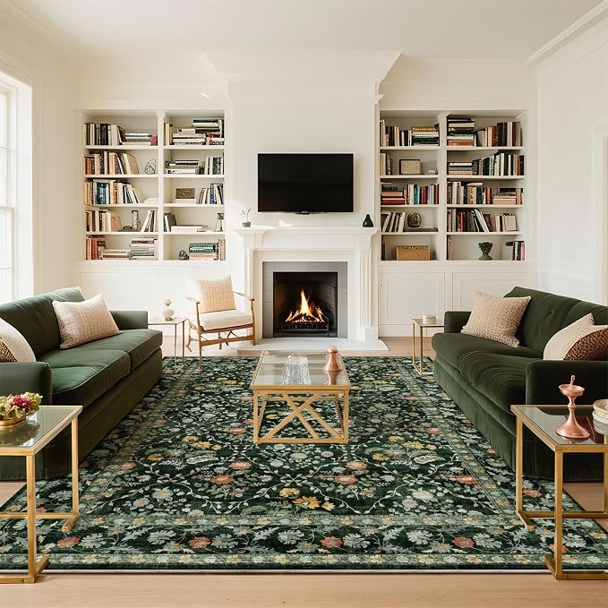 Vintage Botanical Dark Green Area Rug 9x12 Elegant Floral Pattern, Durable Stain-Resistant Fabric, Perfect for Living Room, Bedroom, Dining Room Decor