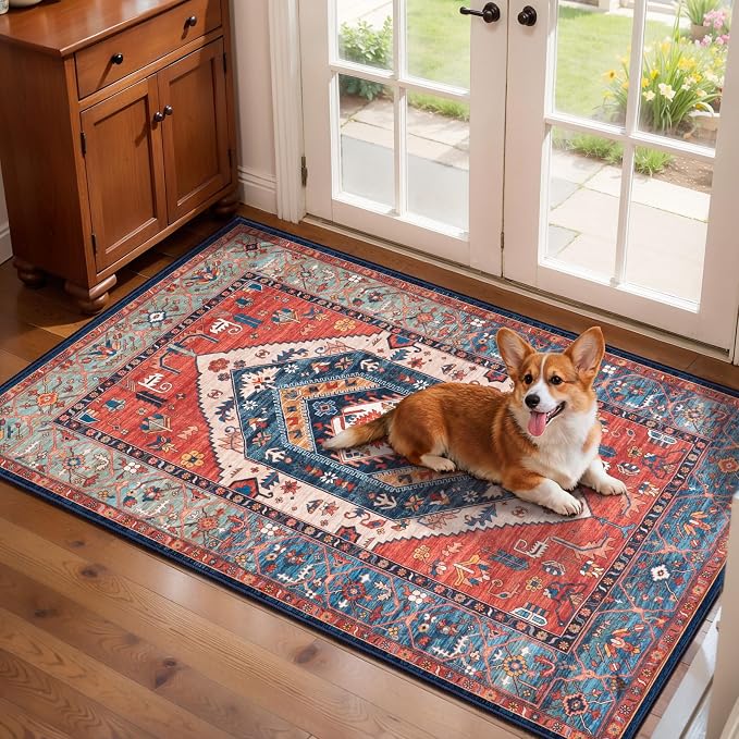 SERISSA 2x4 Washable Non Slip Boho Runner Rug for Entryway，Rust | Ultra Soft Vintage Oriental Carpet Low-Pile Tribal Door Mat Entrance Carpet for Bedroom Hallway Laundry Room Bathroom