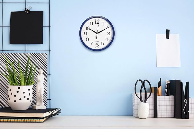 Bernhard Products Navy Wall Clock Silent Non Ticking - 10 Inch Quality Quartz Battery Operated Round Easy to Read Home/Kitchen/Office/Classroom/School Clock