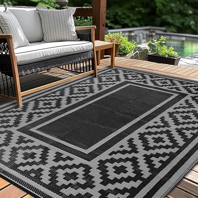 Outdoor Patio Plastic Straw Rug - 6x9 ft Outdoor Camping Rug Waterproof Reversible, Area Carpet Patios RV, Outside Porch Balcony Deck for Camper, Stripe Black Grey