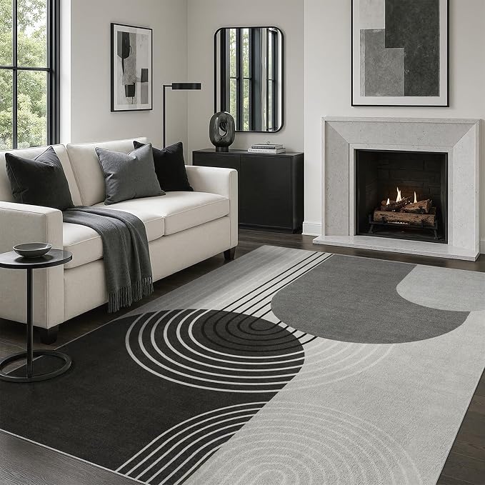 DCX Abstract Washable 4x6 Rug, Non Slip Low Pile Rug, Black Gray | Rugs for living room, bedroom, dining room, office, soft, mid century modern rug, sain resistant indoor carpet, home decor