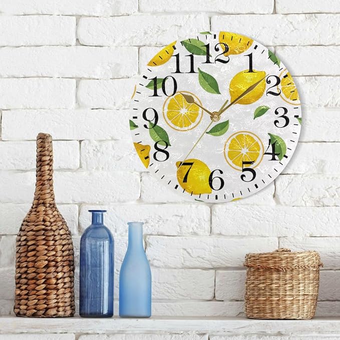 ALAZA Home Decor Summer Lemon Fruit Leaves 9.84 inch Round Acrylic Wall Clock Non Ticking Silent Clock Art for Living Room Kitchen Bedroom(Gold Pointer)