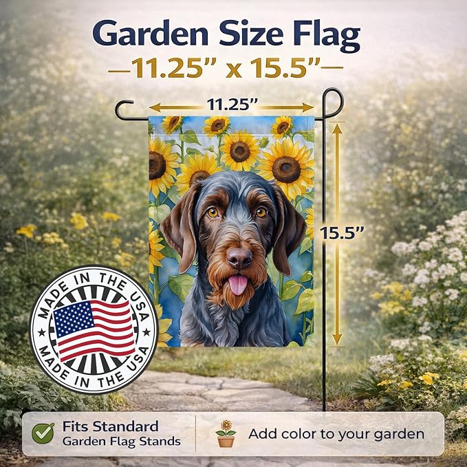 Caroline's Treasures DAC6086GF German Wirehaired Pointer in Sunflowers Garden Flag Mailbox Flag Decorative Yard Flag Banner Outside Patio Artwork Yard Flower Beds, Garden Size, Multicolor