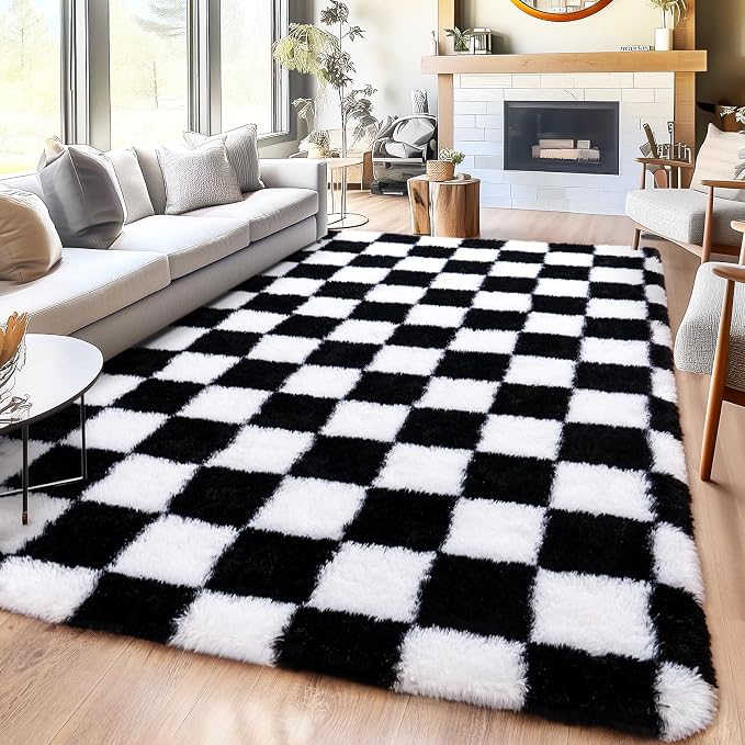 Black and White Checkered Rugs for Bedroom, Ultra Fluffy Fuzzy Shag Area Rug for Living Room 5x7, Modern Plush Soft Upgrade Non-Slip Carpet for Kids Girls and Boys Room Dorm Nursery Home Decor