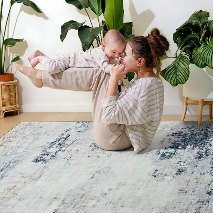 Toneed Washable 8x10 Area Rug with Non-Slip Backing for Living Room | Abstract Modern Rugs, Soft Low Pile Carpet for Bedroom Kitchen Dining Room Nursery Indoor Floor Office Home Decor, Blue/White
