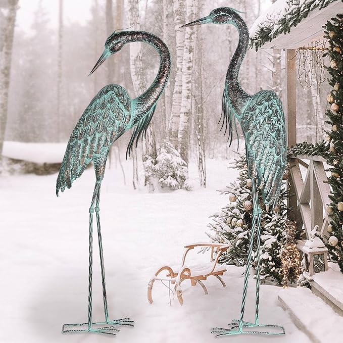 Kircust Garden Crane Statues, Standing Metal Patina Heron Decoy Weather-Resistant and Rustless Outdoor Statue, 42-46 Inch Bird Yard Art for Patio Lawn Pond, Set of 2