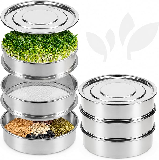 Stainless Steel Seed Sprouting Kit – 7,9'' Stainless Steel Sprouting Tray Round 3-Tier Seed Gardening Planter for Microgreens Broccoli Sprouts Growing Kit Microgreens Tray Germination