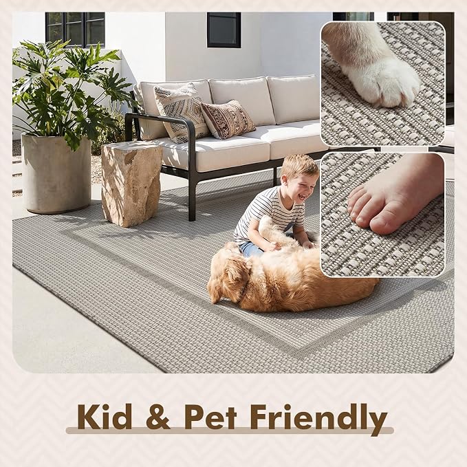 MontVoo-Outdoor Rug-Patio Rug 5x7 ft Indoor Outdoor Rugs Outdoor Carpet for Patio Deck Balcony Porch, Outside Rugs Textured Weave, High Traffic, Pet Friendly, Non Shedding, Modern Grey