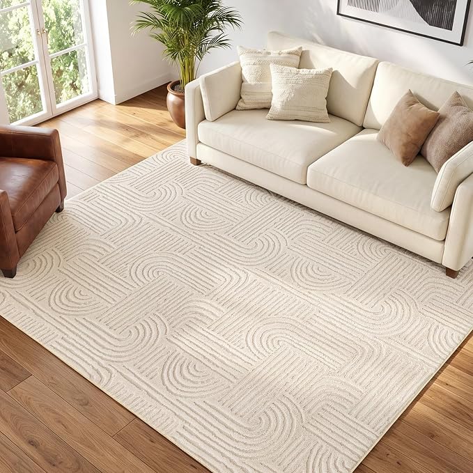 Etwel 4x6 Beige Modern Geometric Textured High-Low Pile Washable Area Rug | Soft Carpet, Non-Slip PVC Backing, Low Profile, Kid and Pet Friendly, for Living Room, Bedroom, Entryway, Nursery